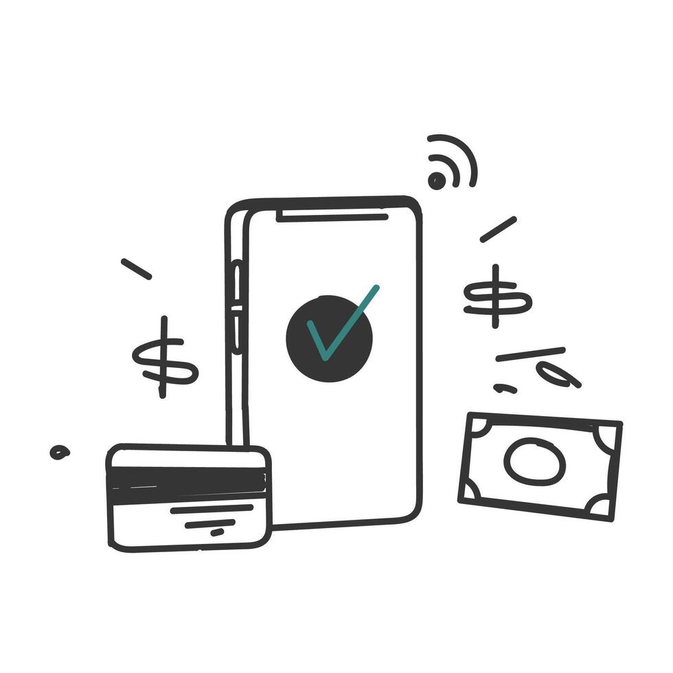 hand drawn doodle mobile phone and credit card with money access symbol vector