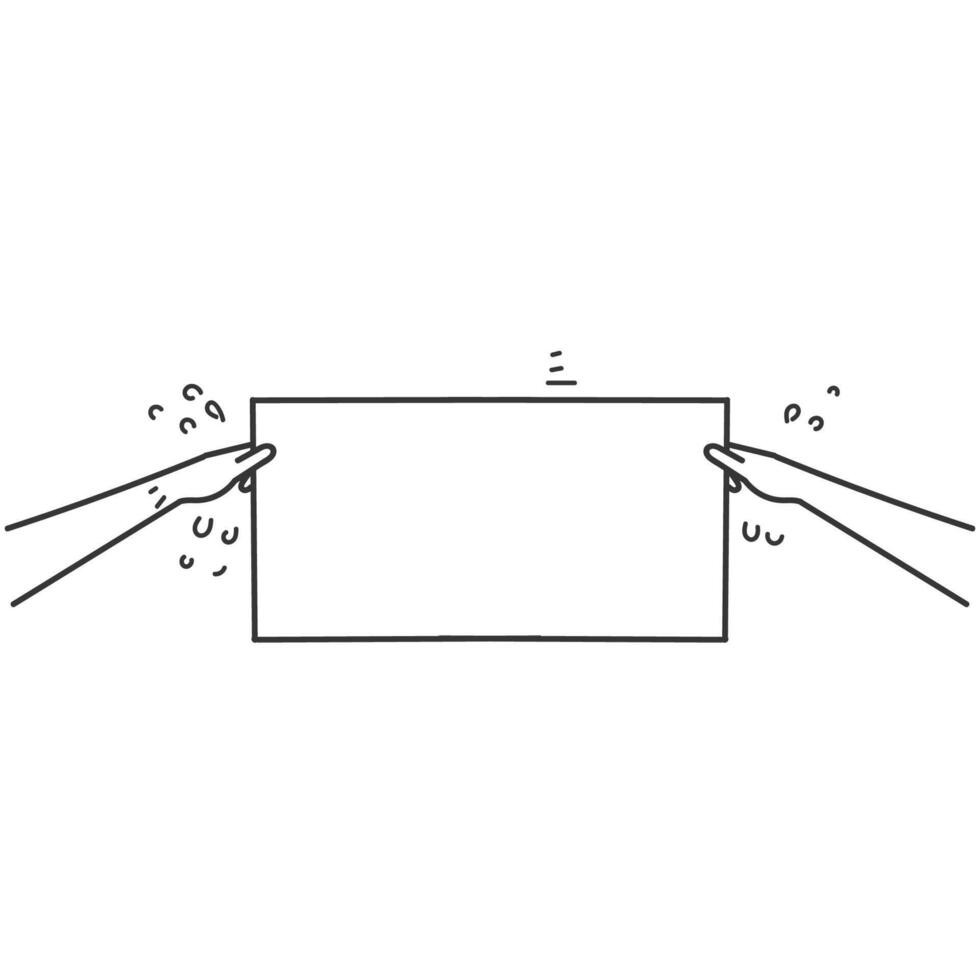 hand drawn doodle person holding blank mock up banner frame vector