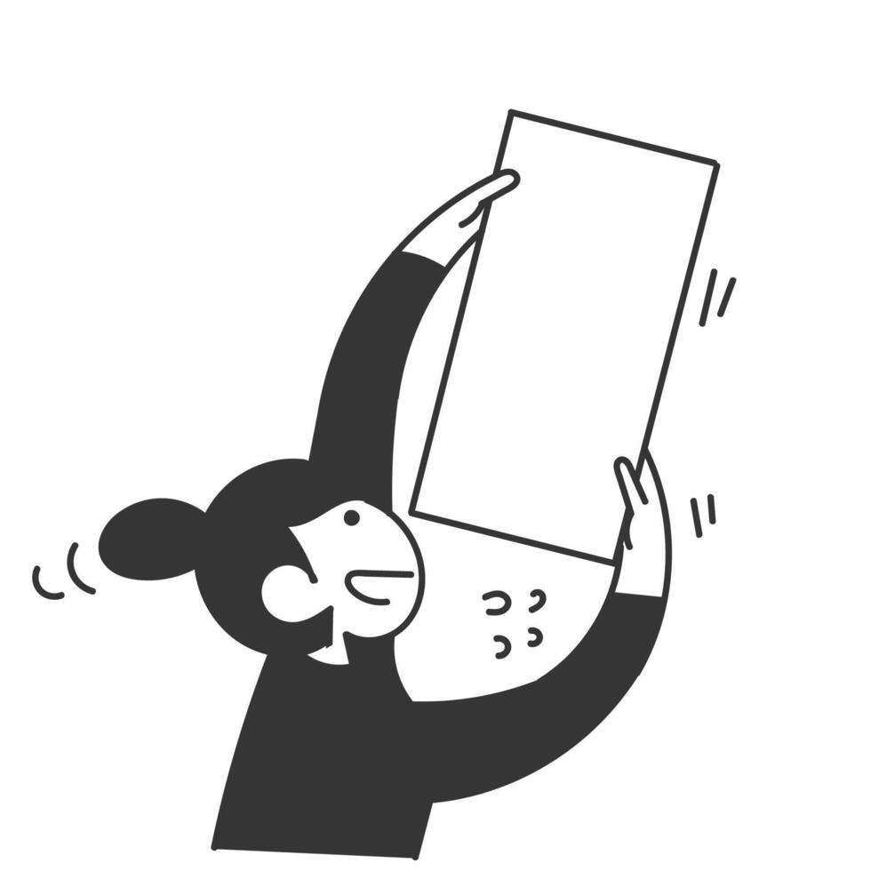 hand drawn doodle person holding blank mock up banner frame vector