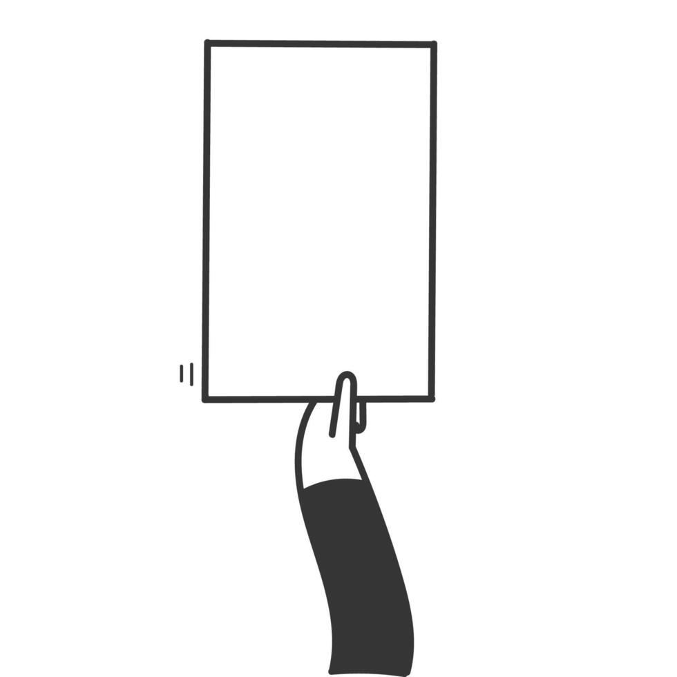 hand drawn doodle person holding blank mock up banner frame vector