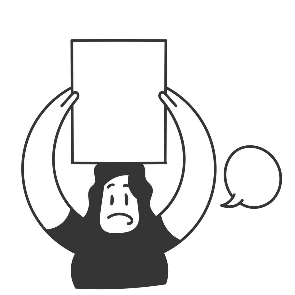 hand drawn doodle person holding blank mock up banner frame vector
