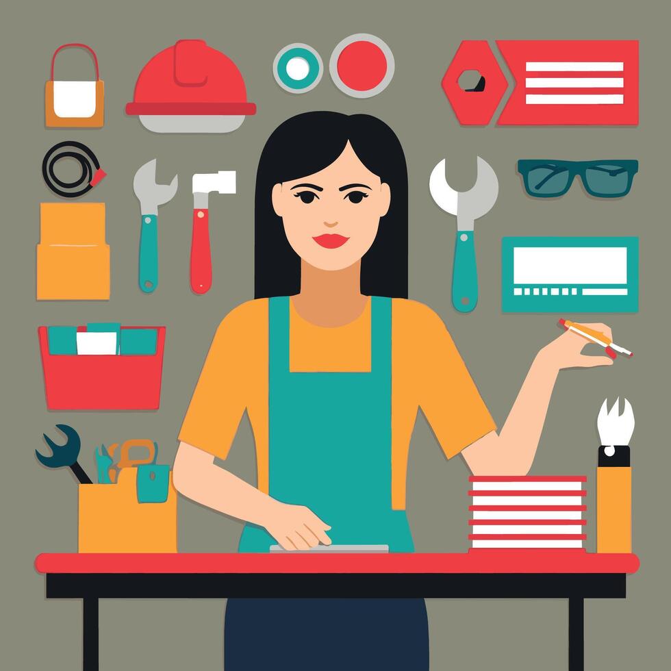 worker and builder wearing construction hat and tools vector