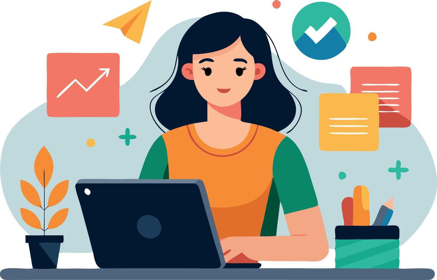 Young woman working on a laptop with icons representing productivity and growth vector