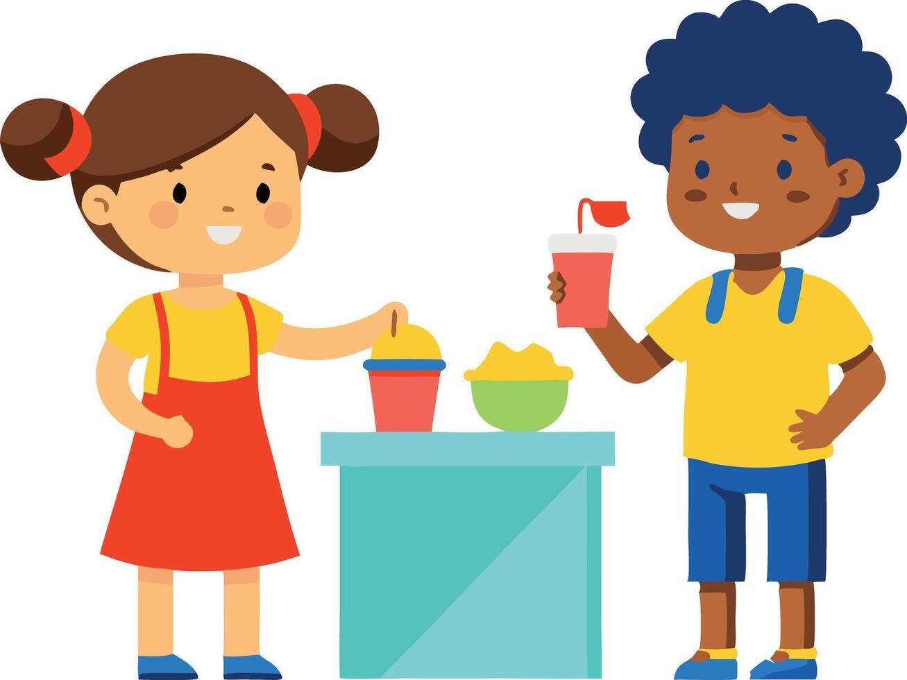 Two kids enjoying a snack together with drinks at a table on a white background vector