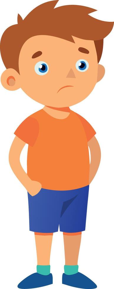 Unhappy boy standing with hands in pockets, wearing an orange shirt and blue shorts vector