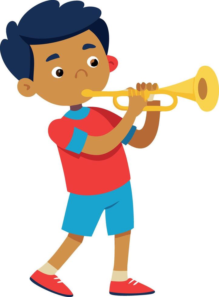 Boy in red shirt playing trumpet, musical illustration vector