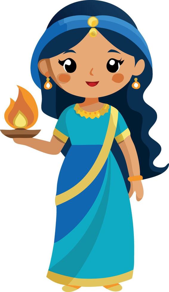 Cartoon woman in traditional attire holding a diya lamp for Diwali celebration vector