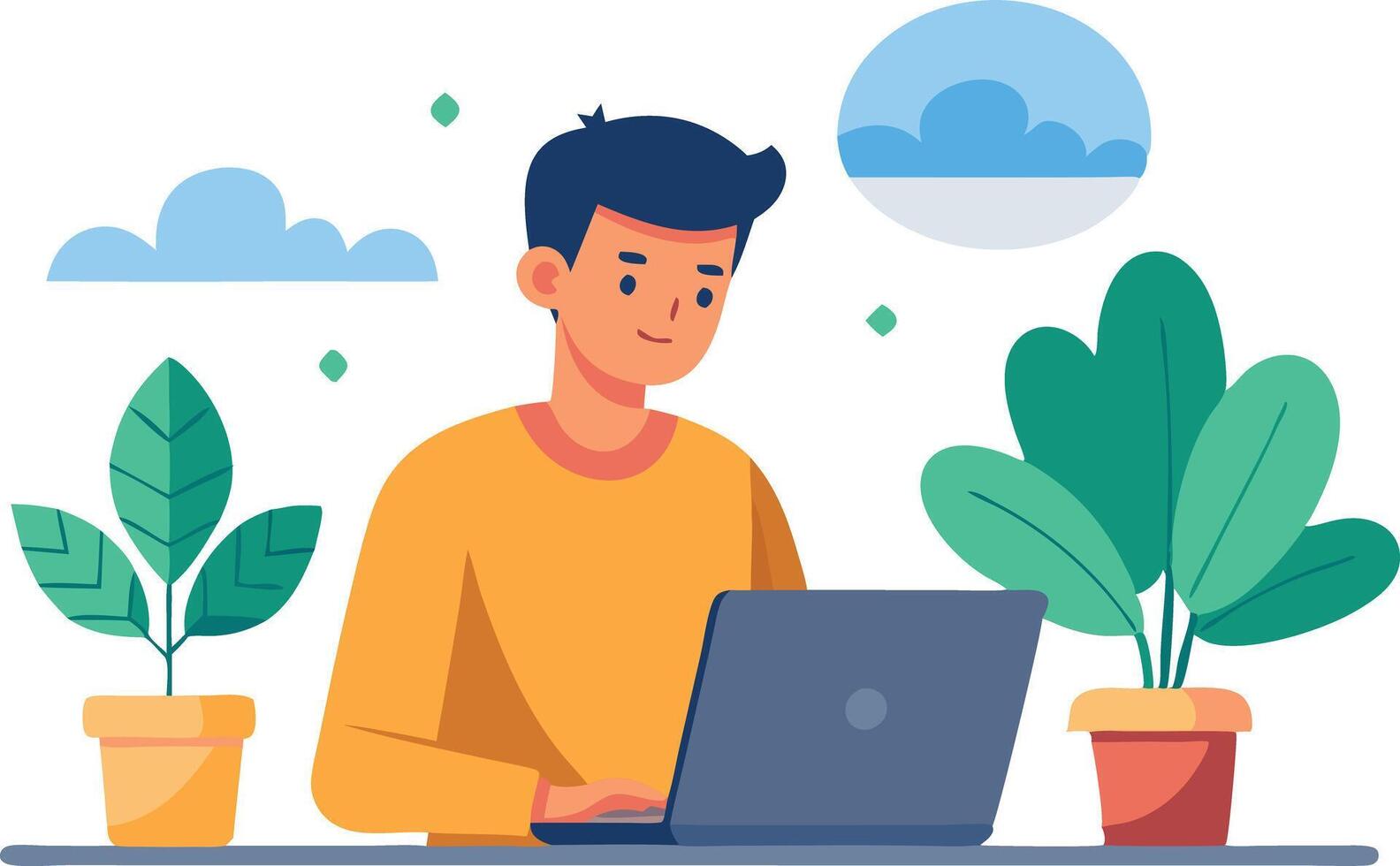 Young man working on laptop in home office with potted plants vector