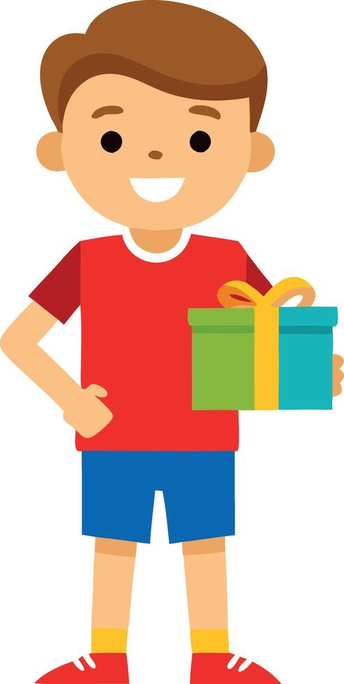 Smiling boy holding a gift box in one hand, wearing a red shirt and blue shorts with red shoes vector