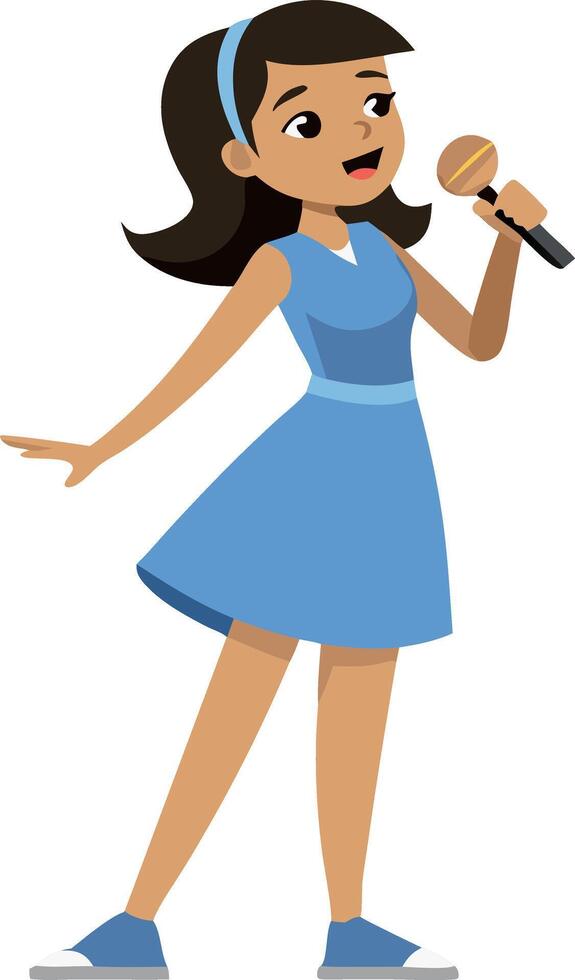 Cartoon girl singing with a microphone on stage in blue dress vector