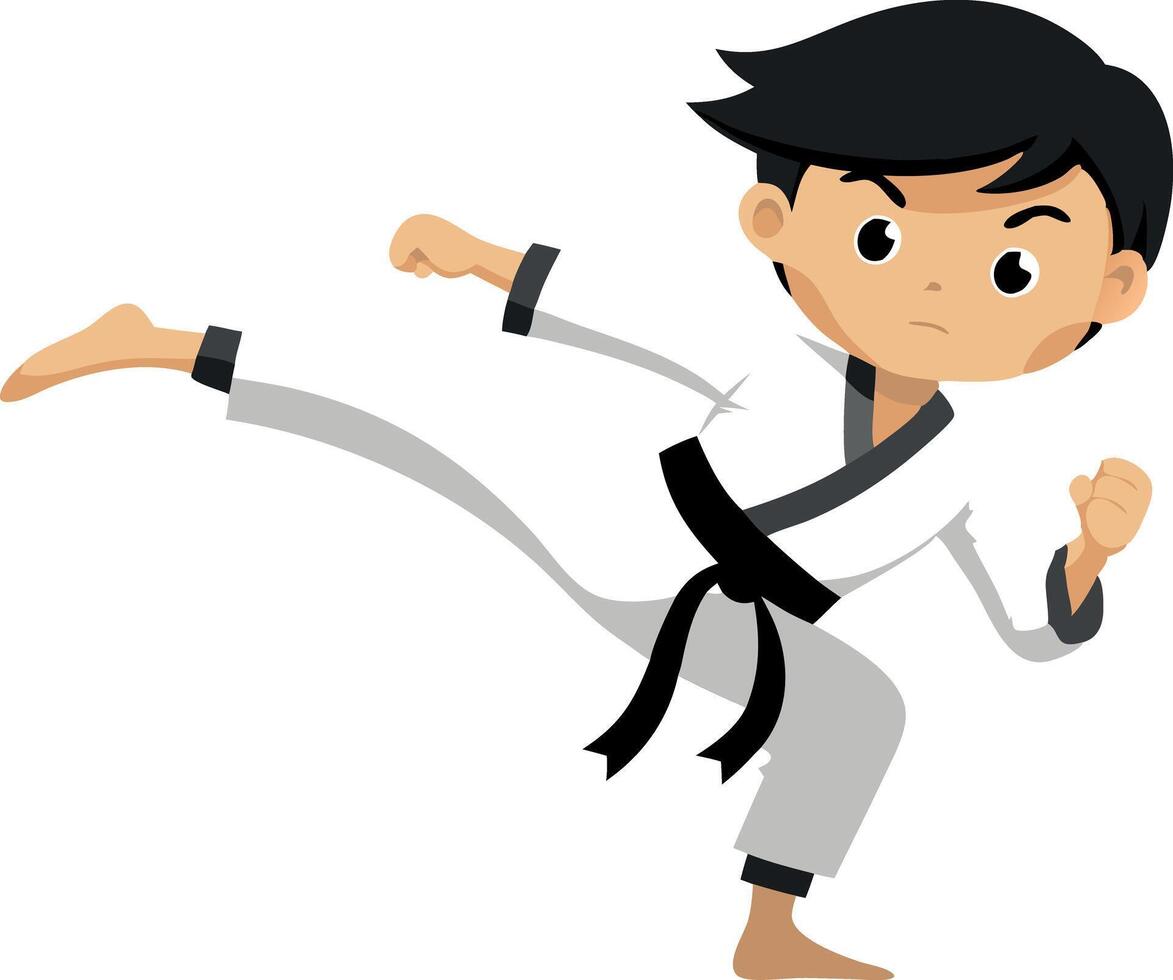 Illustration of a young boy practicing karate with a high kick in martial arts uniform vector