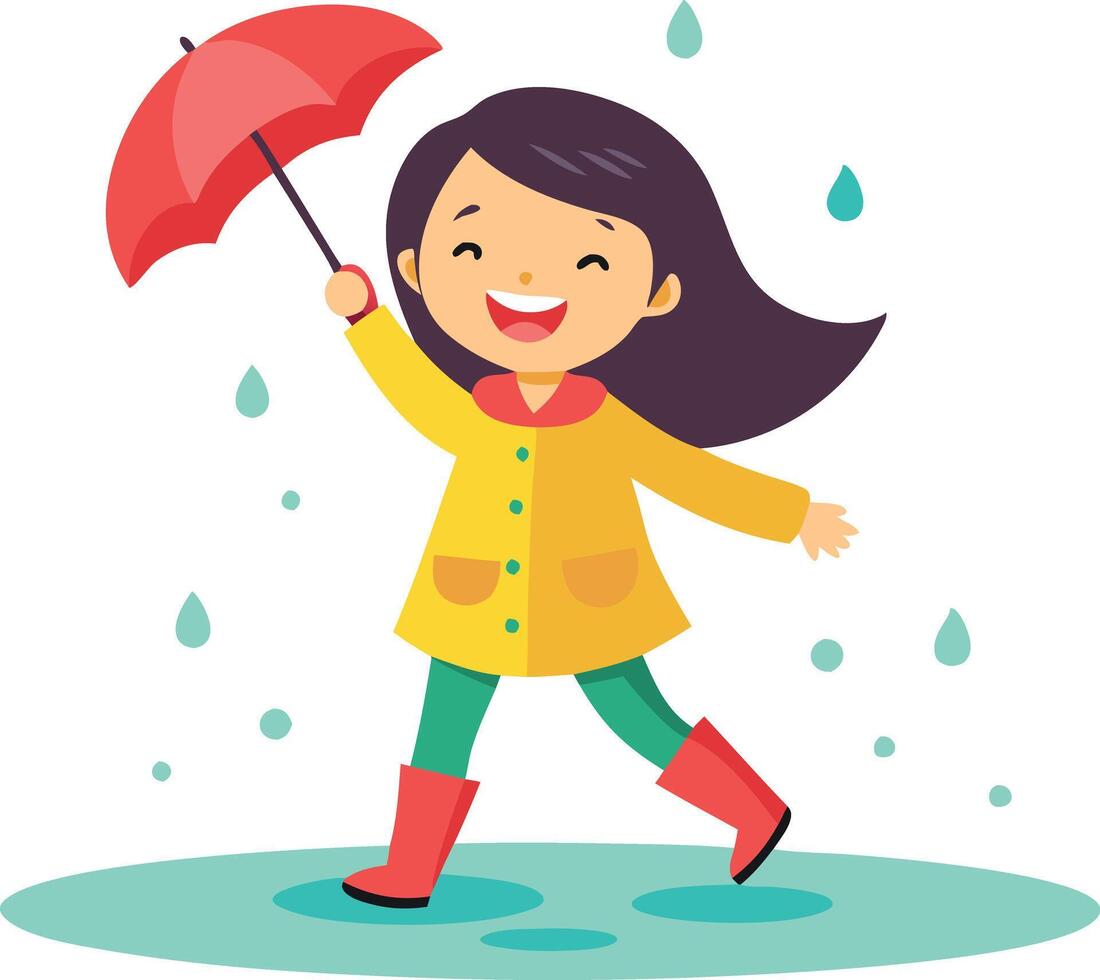 Happy child jumping in puddles with umbrella on a rainy day vector