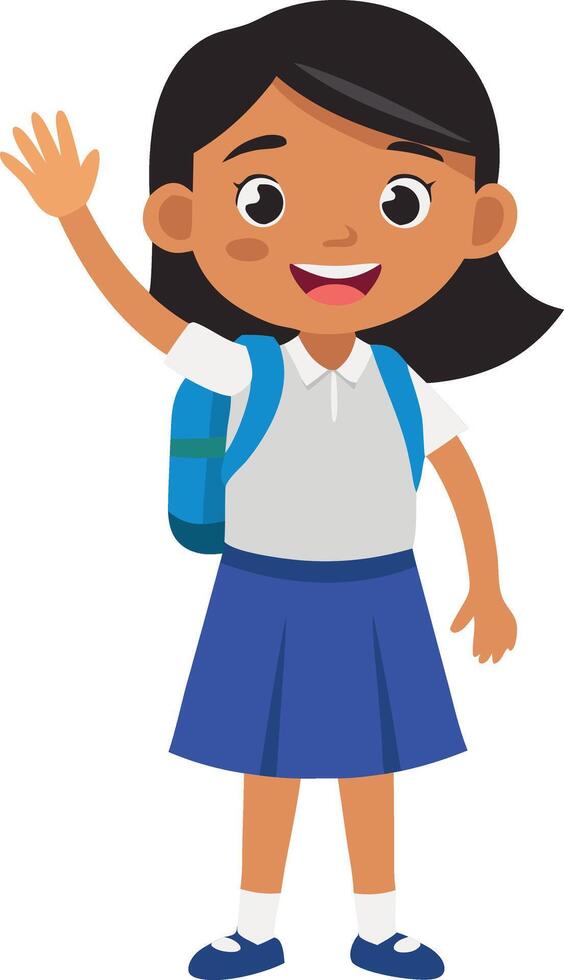 Smiling child waving and going to school with backpack illustration vector