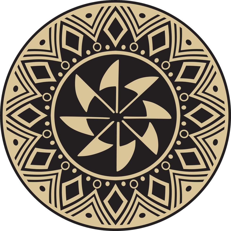 Native American round gold with black pattern. Geometric shapes in a circle. National ornament of the peoples of America, Maya, Aztecs, Incas vector
