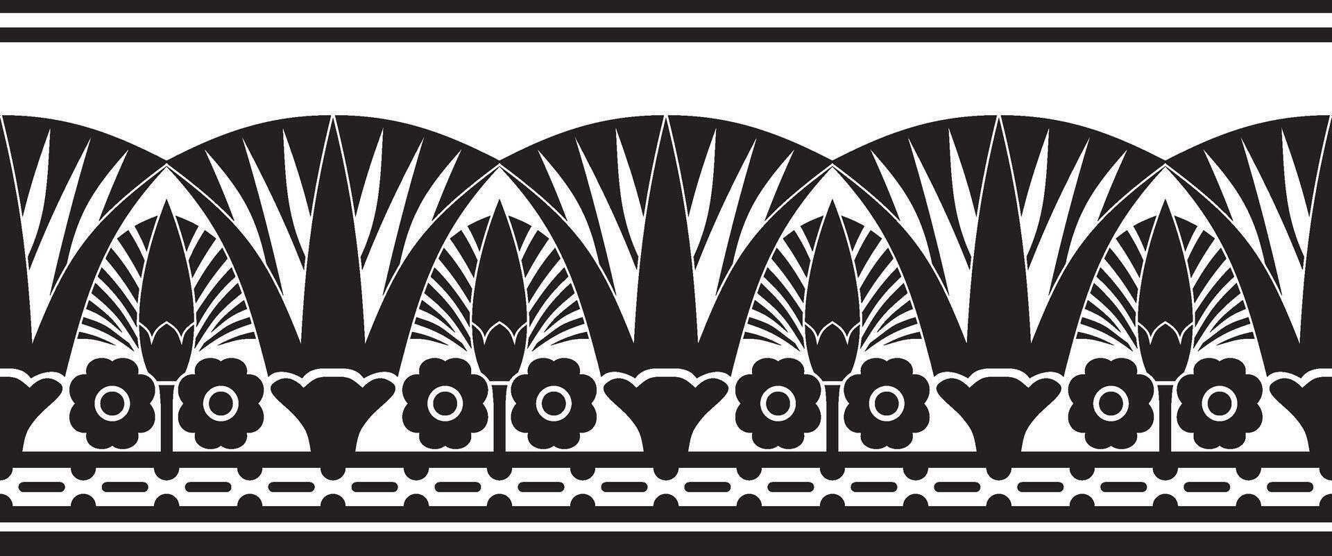 monochrome seamless Egyptian border. Endless ornament of Ancient Africa. Pattern of lotus flowers and sun. vector
