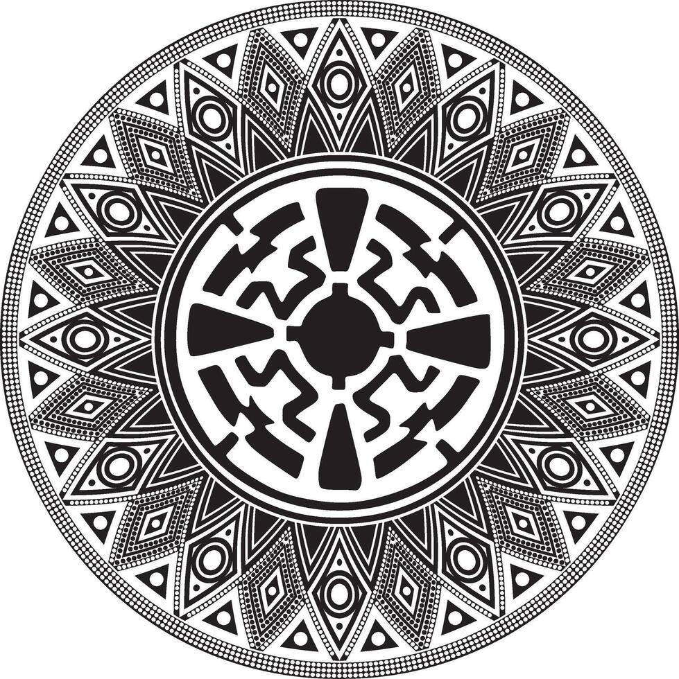 Native American round monochrome pattern. Geometric shapes in a circle. National ornament of the peoples of America, Maya, Aztecs, Incas. vector