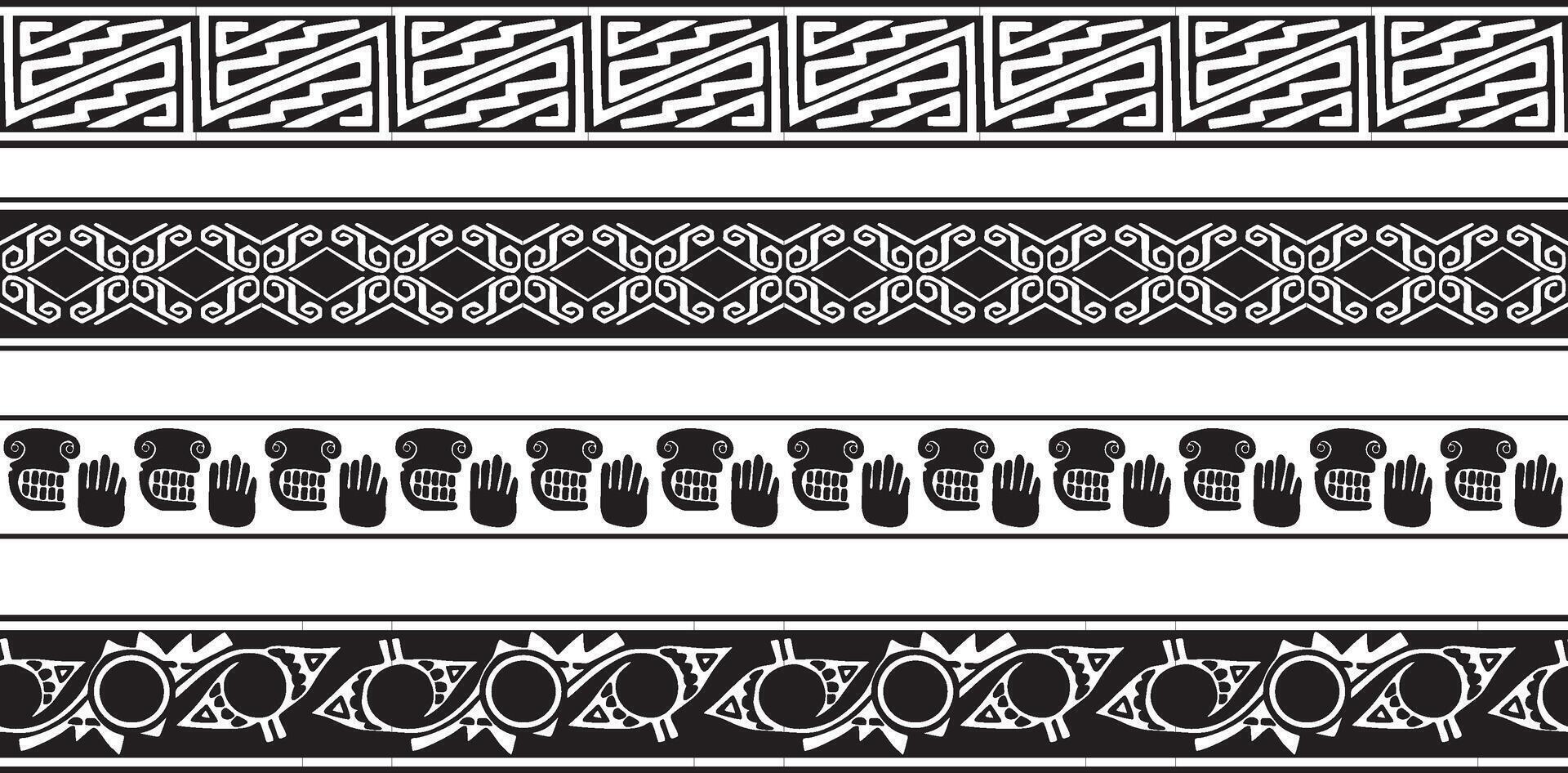 set of seamless monochrome national native american ornaments. Endless ethnic black borders, frames of the peoples of America, Aztec, Maya, Incas. For sandblasting, plotter and laser cutting. vector