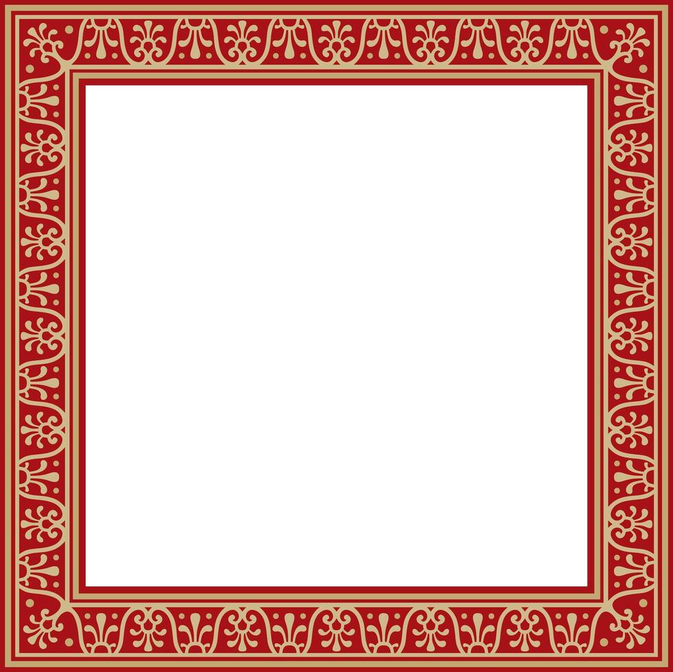 square gold with red border, frame, Pompeii. Rectangle Neopolitan ornament. Art of Ancient Rome. Template for stained glass vector