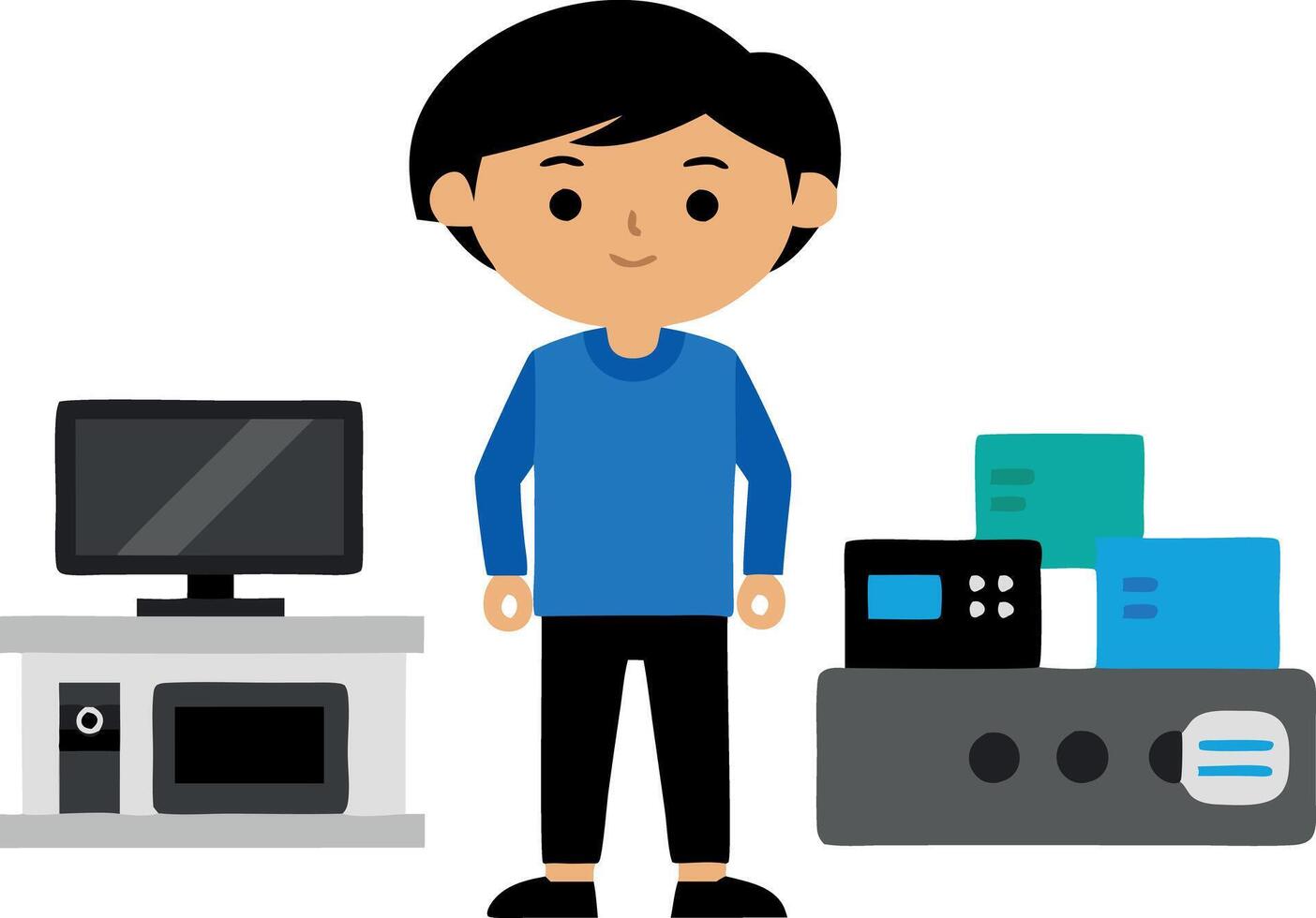 Cartoon man standing next to home appliances and electronic devices vector