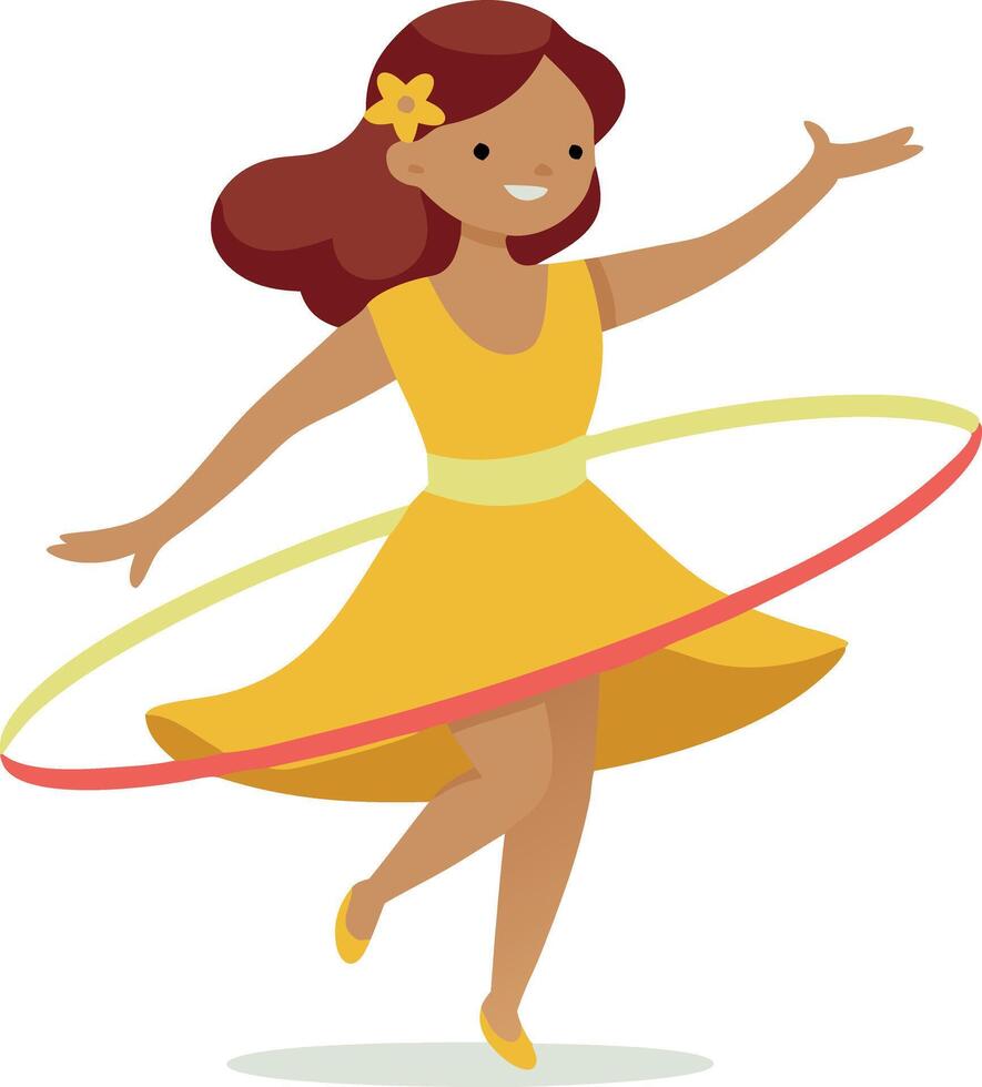Girl in yellow dress hula hooping with a happy smile vector