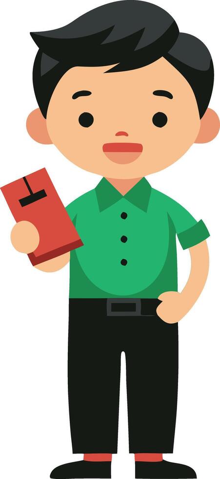 Cartoon illustration of cheerful boy holding a red envelope, isolated on white background vector