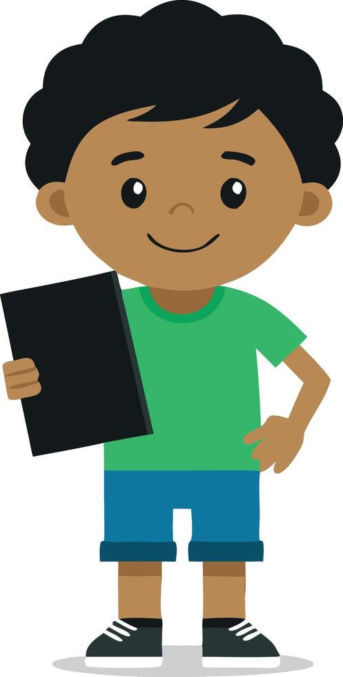 Smiling child holding a black tablet in hand, standing confidently in green shirt and blue shorts vector