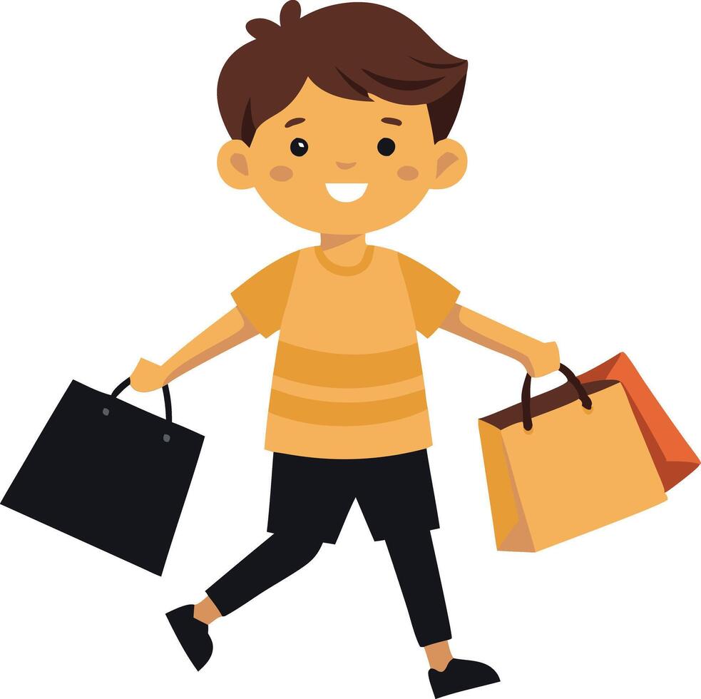 Happy young boy shopping with colorful shopping bags, isolated on white background vector