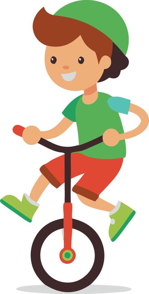 Cheerful boy riding a unicycle in colorful clothes and a green helmet vector
