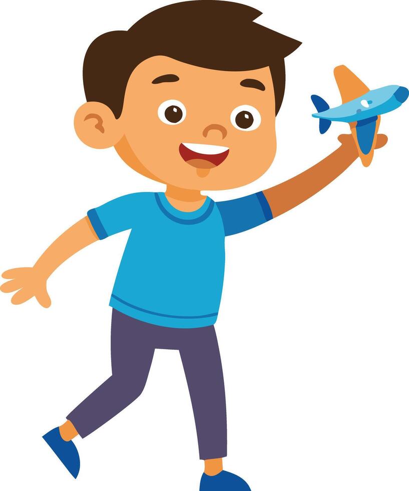 Happy child playing with toy airplane and wearing casual clothes, isolated on white background vector