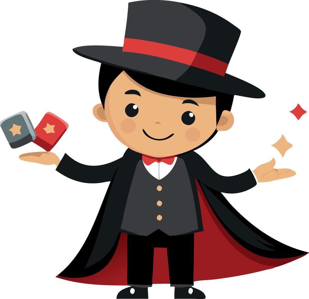 Cute cartoon magician in top hat performing a magic trick with playing cards vector