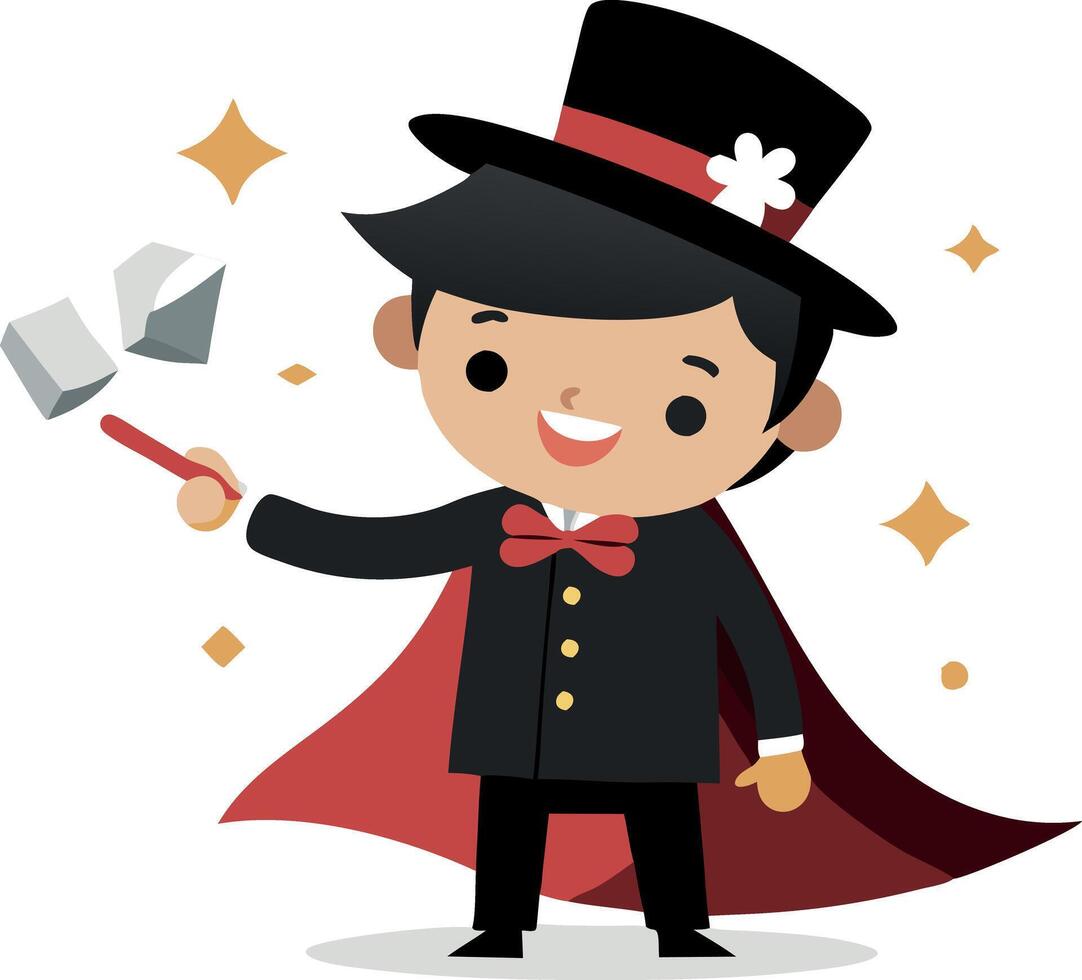 Cute cartoon magician performing magic trick with wand and top hat vector