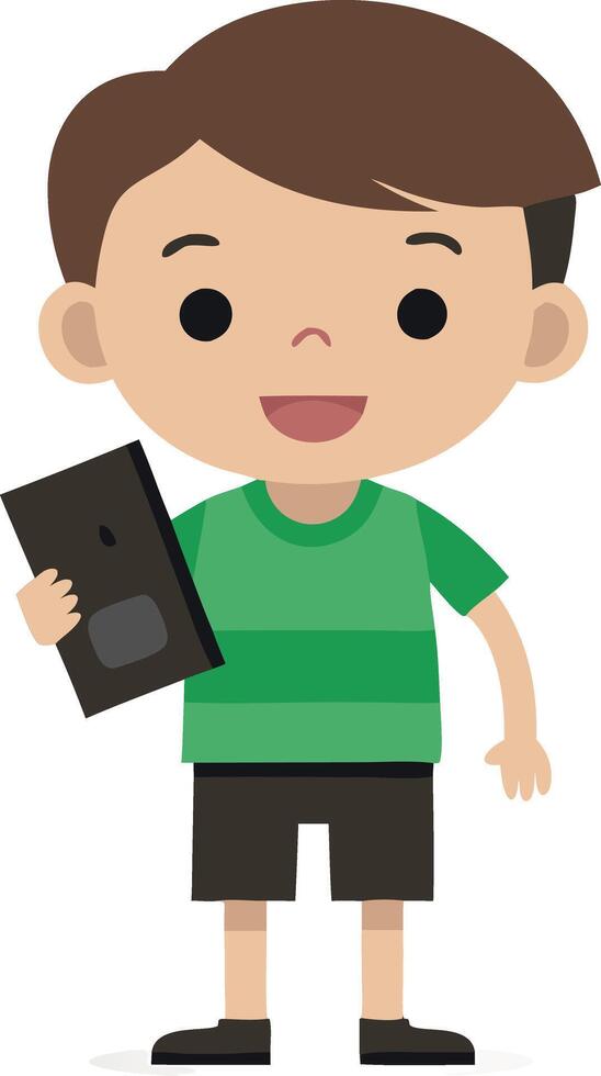 Illustration of a happy boy holding a tablet, wearing green shirt and shorts vector
