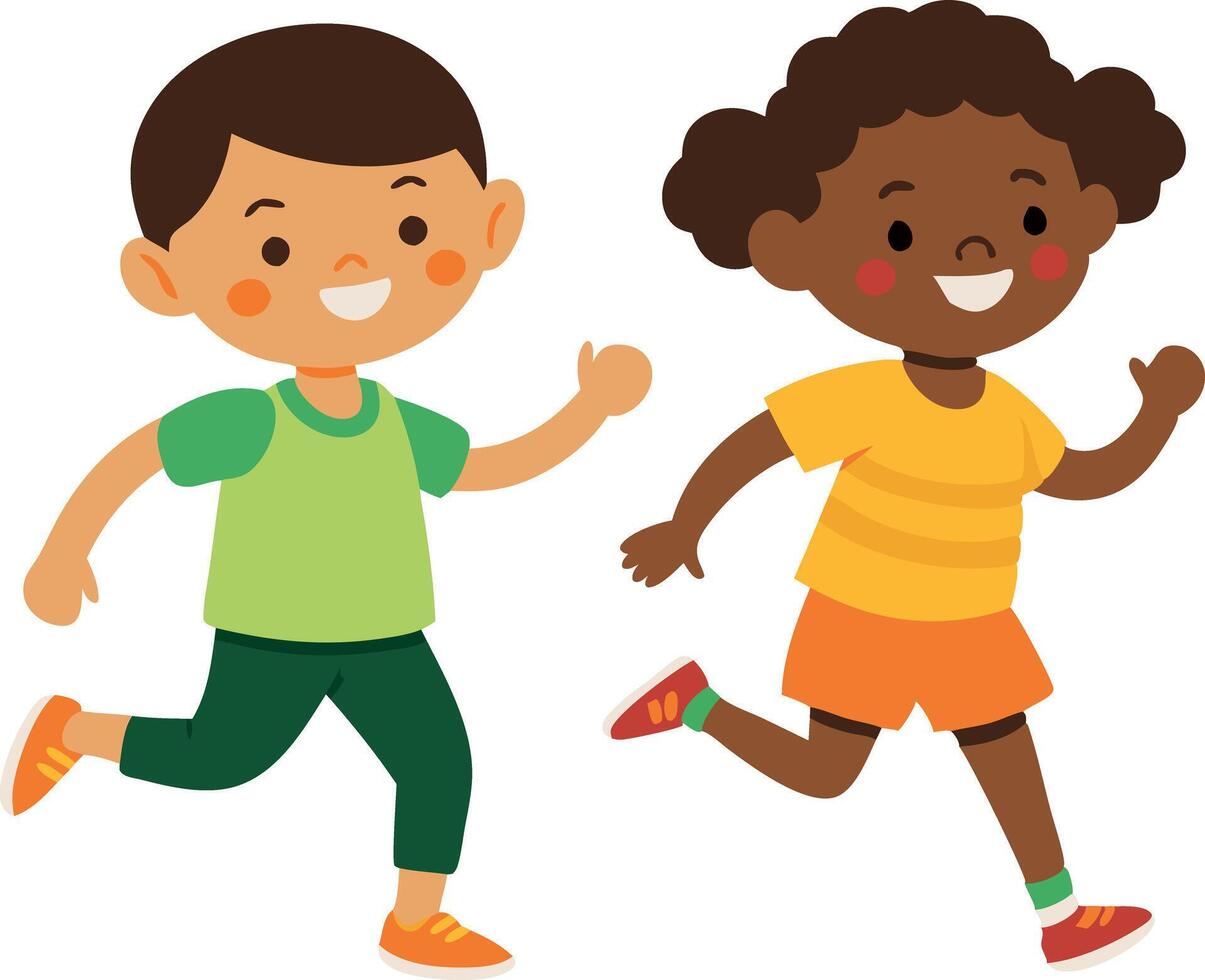 Cartoon illustration of two happy children running and smiling together vector