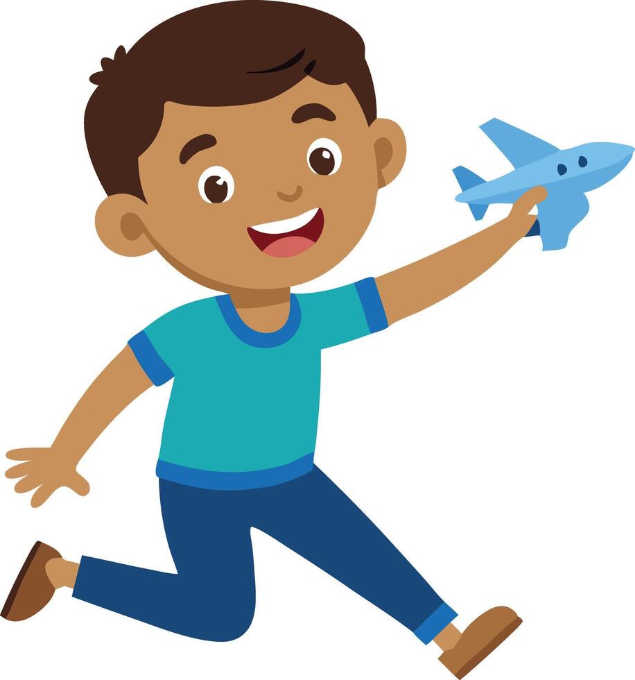 Happy cartoon boy playing with a toy airplane isolated on white background vector