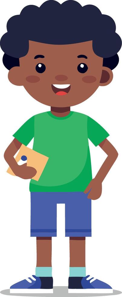 Happy boy holding a card with a smile on his face, wearing a green shirt and blue shorts vector
