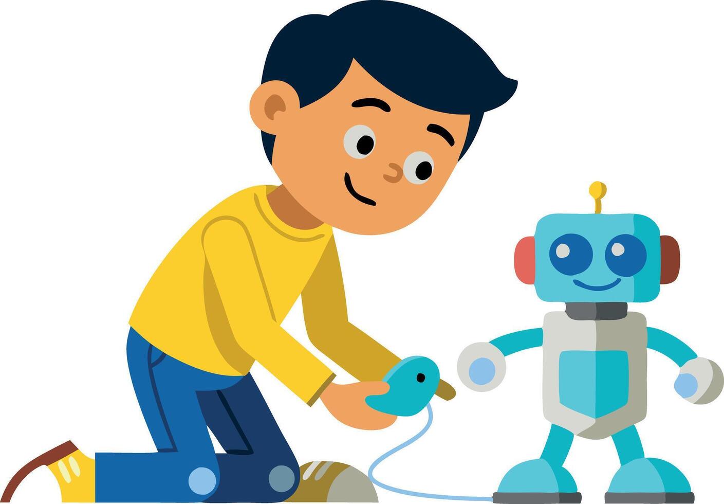 Child playing with remote-controlled robot in colorful illustration vector