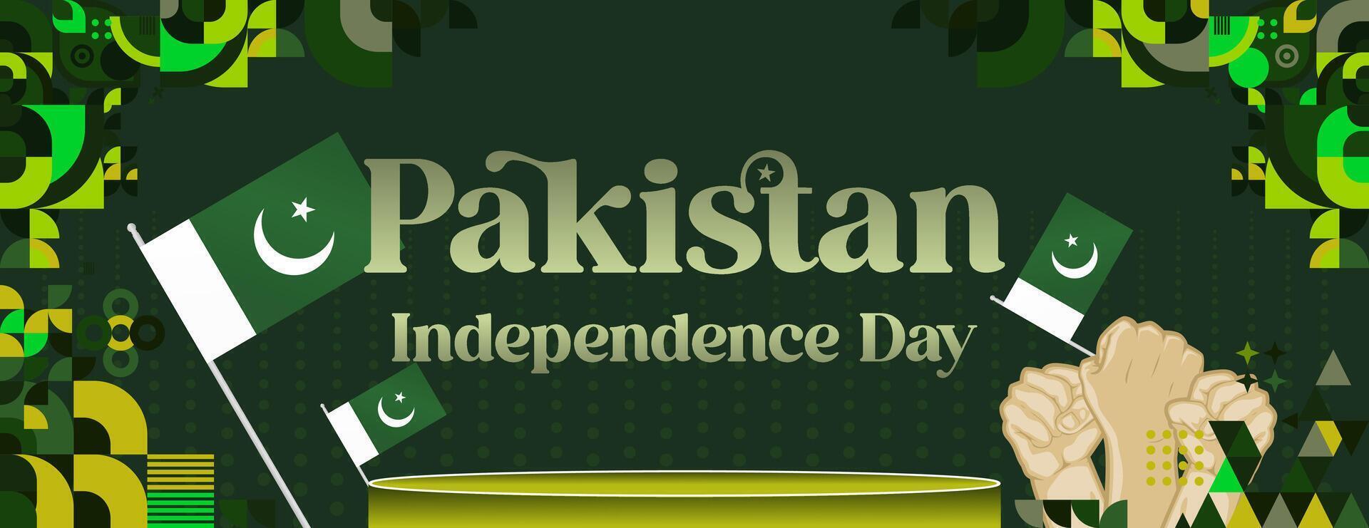 Pakistan Independence Day banner in modern geometric style. Wide banner with typography and also country flag. Background for National holiday celebration party. Happy Independence Day of Pakistan vector