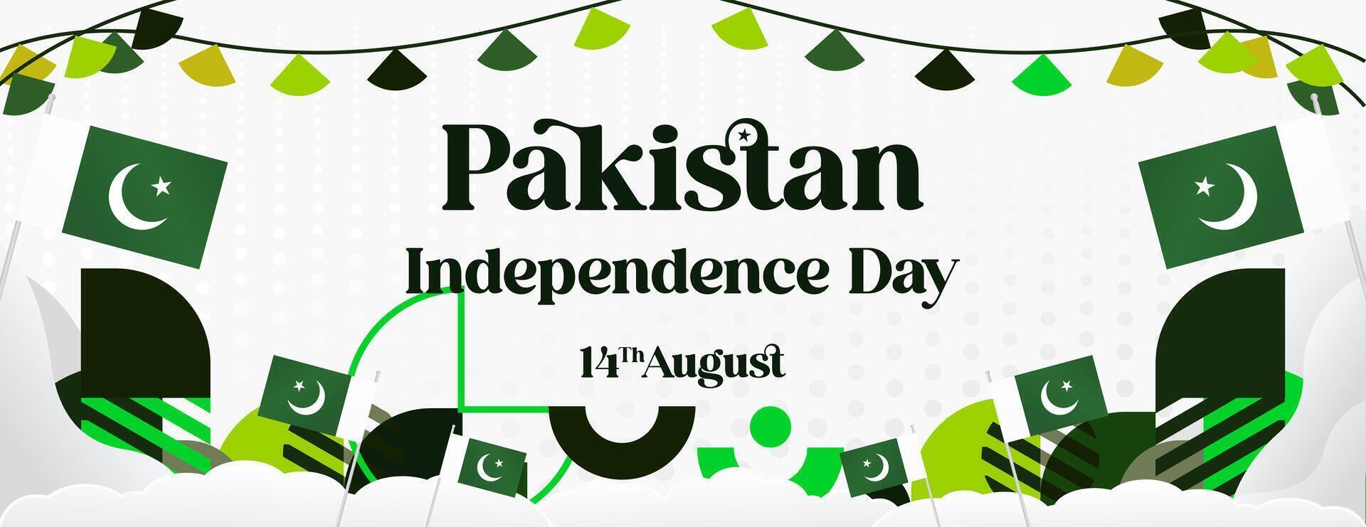 Pakistan Independence Day banner in modern geometric style. Wide banner with typography and also country flag. Background for National holiday celebration party. Happy Independence Day of Pakistan vector