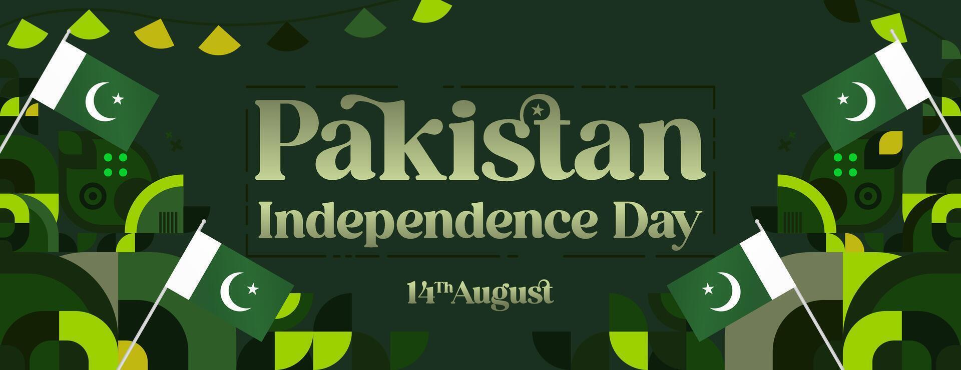 Pakistan Independence Day banner in modern geometric style. Wide banner with typography and also country flag. Background for National holiday celebration party. Happy Independence Day of Pakistan vector