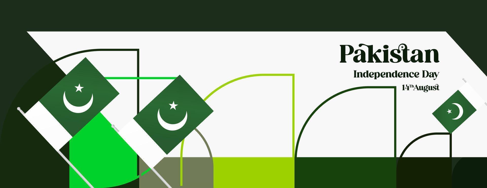 Pakistan Independence Day banner in modern geometric style. Wide banner with typography and also country flag. Background for National holiday celebration party. Happy Independence Day of Pakistan vector