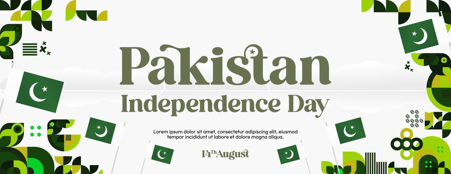 Pakistan Independence Day banner in modern geometric style. Wide banner with typography and also country flag. Background for National holiday celebration party. Happy Independence Day of Pakistan vector