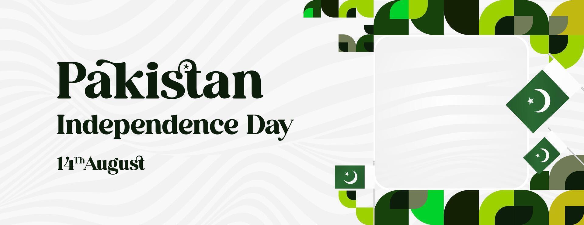 Pakistan Independence Day banner in modern geometric style. Wide banner with typography and also country flag. Background for National holiday celebration party. Happy Independence Day of Pakistan vector