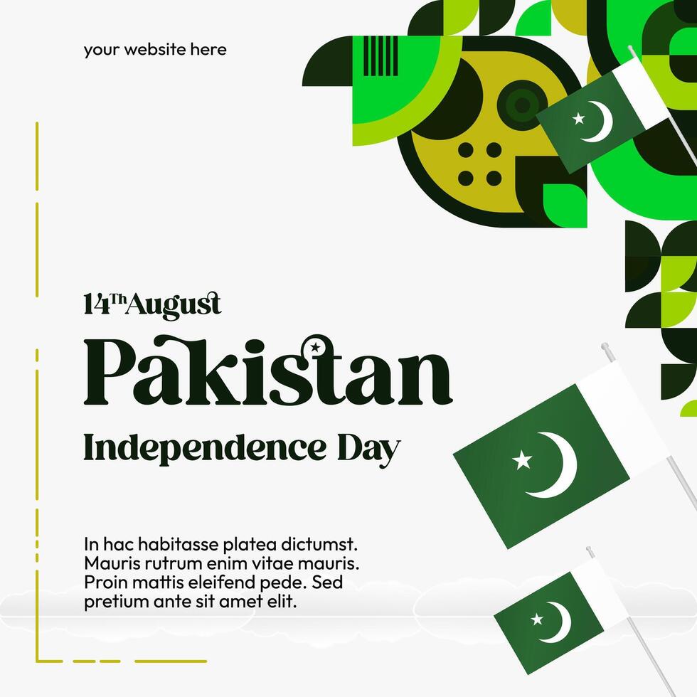 Pakistan Independence Day banner in modern geometric style. Square banner for celebration day with flags and typography. National holiday celebration backgrounds. Happy Pakistan Independence Day vector