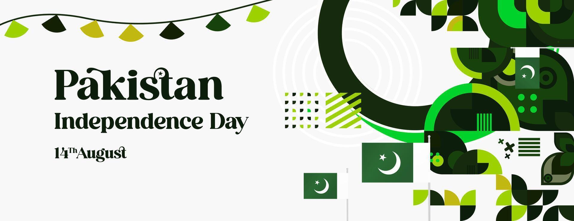 Pakistan Independence Day banner in modern geometric style. Wide banner with typography and also country flag. Background for National holiday celebration party. Happy Independence Day of Pakistan vector