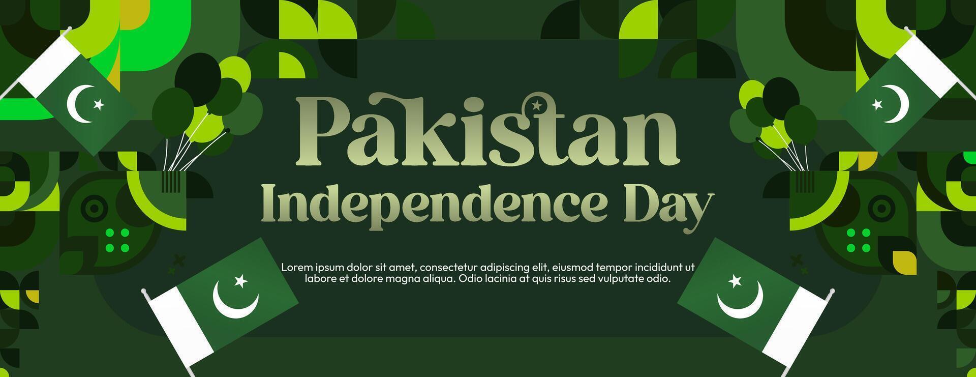 Pakistan Independence Day banner in modern geometric style. Wide banner with typography and also country flag. Background for National holiday celebration party. Happy Independence Day of Pakistan vector