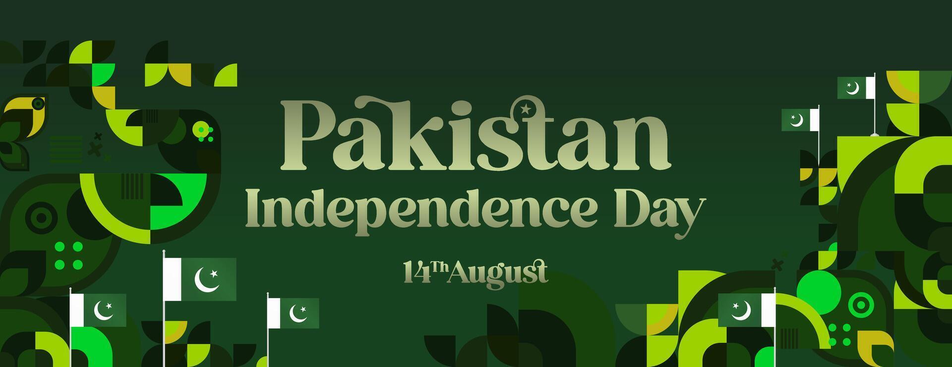 Pakistan Independence Day banner in modern geometric style. Wide banner with typography and also country flag. Background for National holiday celebration party. Happy Independence Day of Pakistan vector