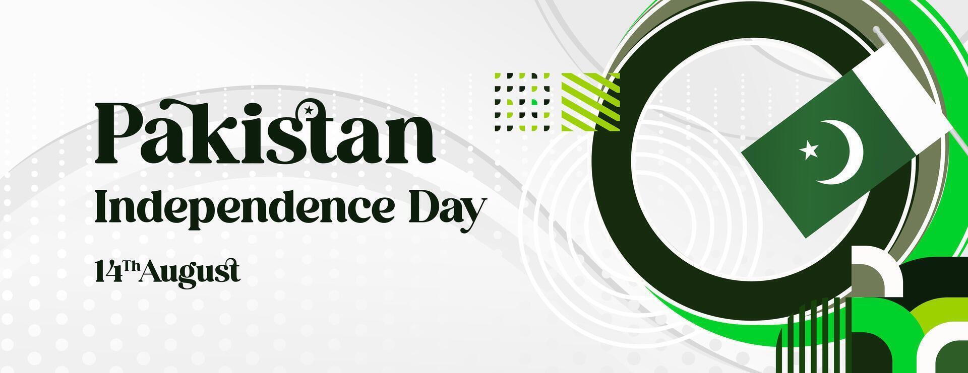 Pakistan Independence Day banner in modern geometric style. Wide banner with typography and also country flag. Background for National holiday celebration party. Happy Independence Day of Pakistan vector