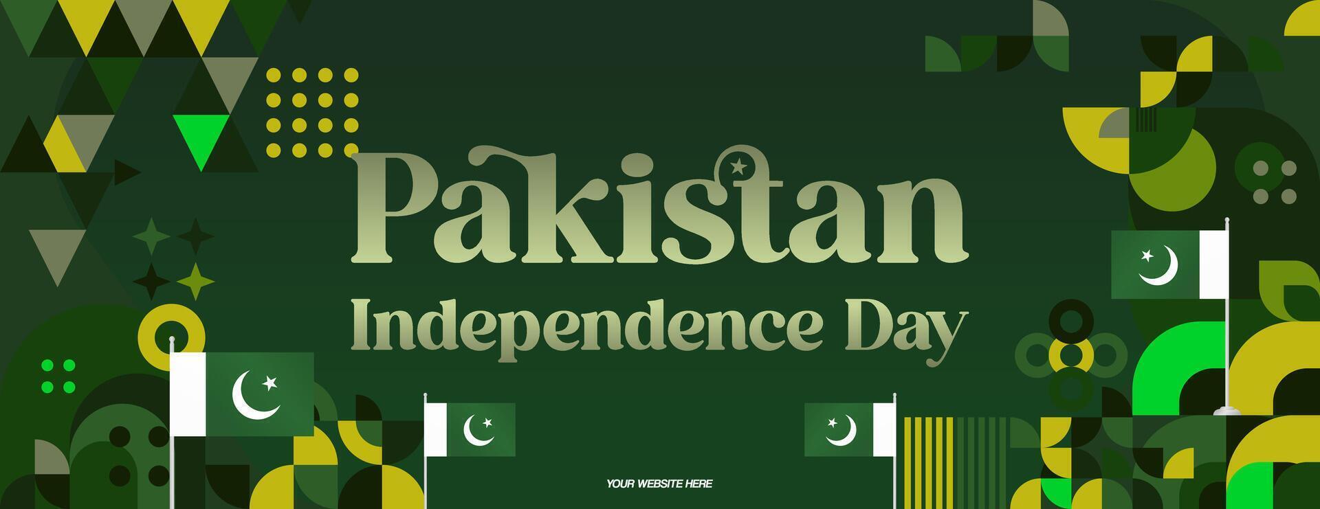 Pakistan Independence Day banner in modern geometric style. Wide banner with typography and also country flag. Background for National holiday celebration party. Happy Independence Day of Pakistan vector