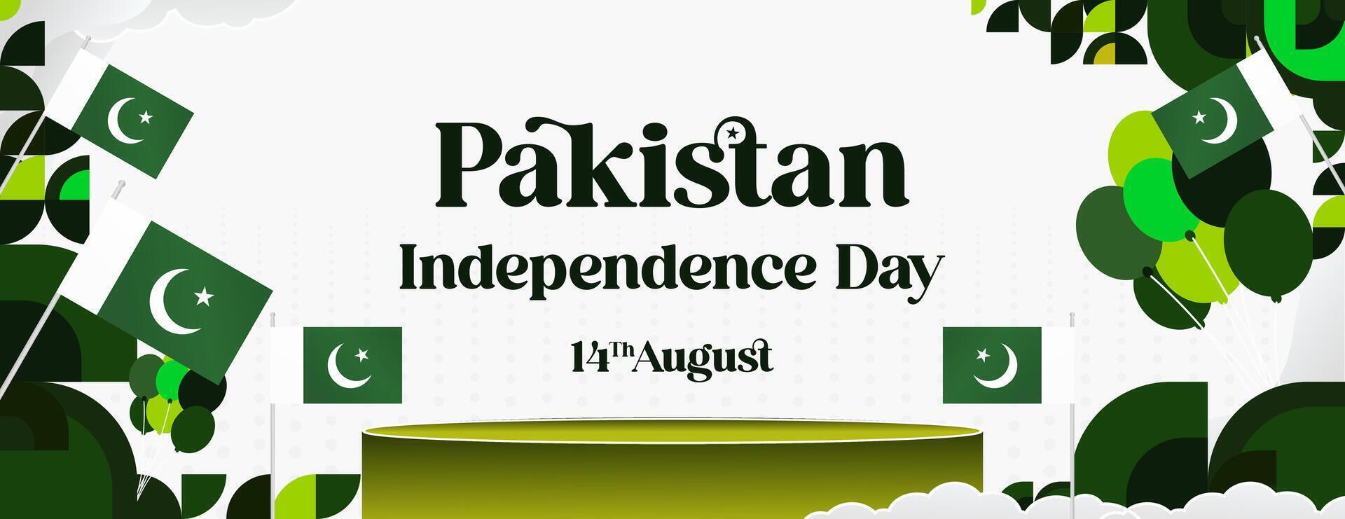 Pakistan Independence Day banner in modern geometric style. Wide banner with typography and also country flag. Background for National holiday celebration party. Happy Independence Day of Pakistan vector