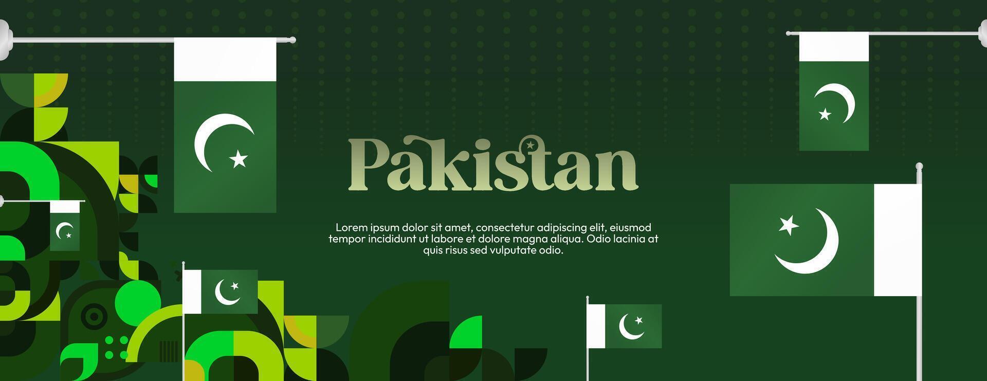 Pakistan Independence Day banner in modern geometric style. Wide banner with typography and also country flag. Background for National holiday celebration party. Happy Independence Day of Pakistan vector